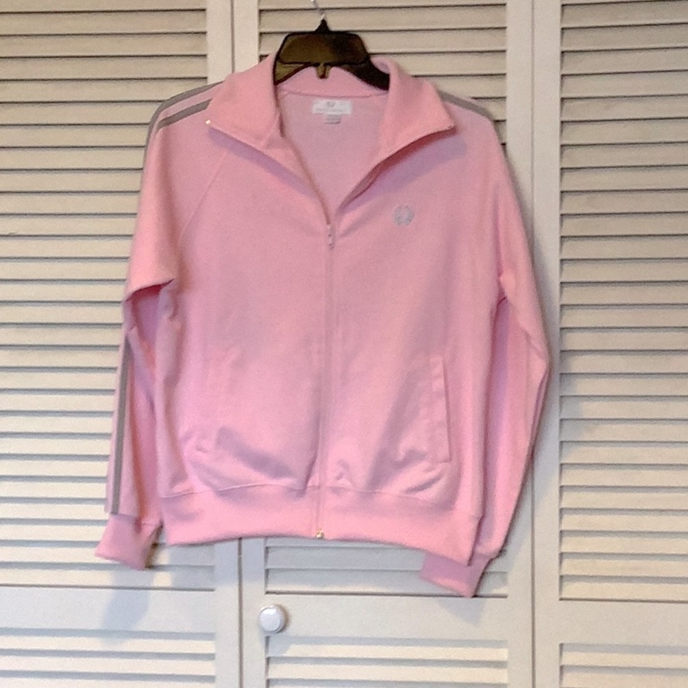 Woman’s Fred perry sport jacket pink with gray stripes on sleeves